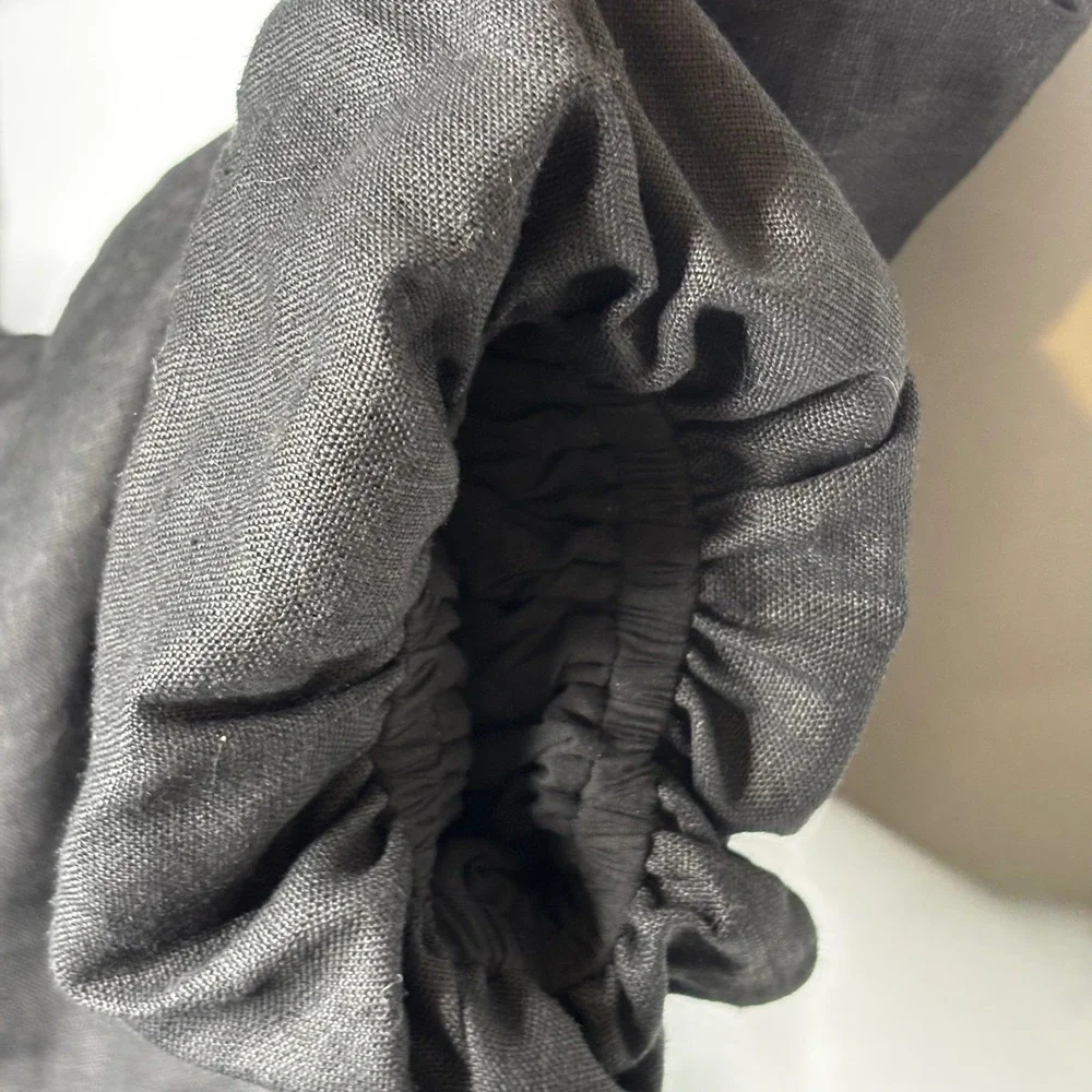 Sezane Editions Armida Dress Size 36/4 Black Linen Puff Sleeve Tie Back Mini - Picture 5 of 15